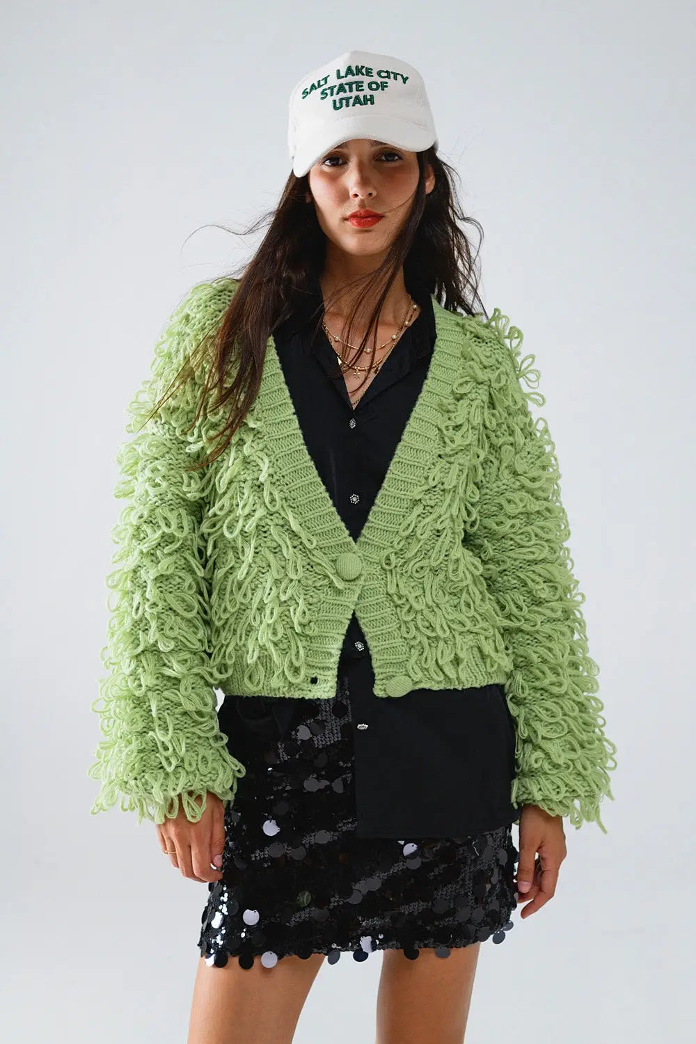 Chunky Textured Cardigan in Green with Long Fringe - One Size / Green - Coats and Jackets