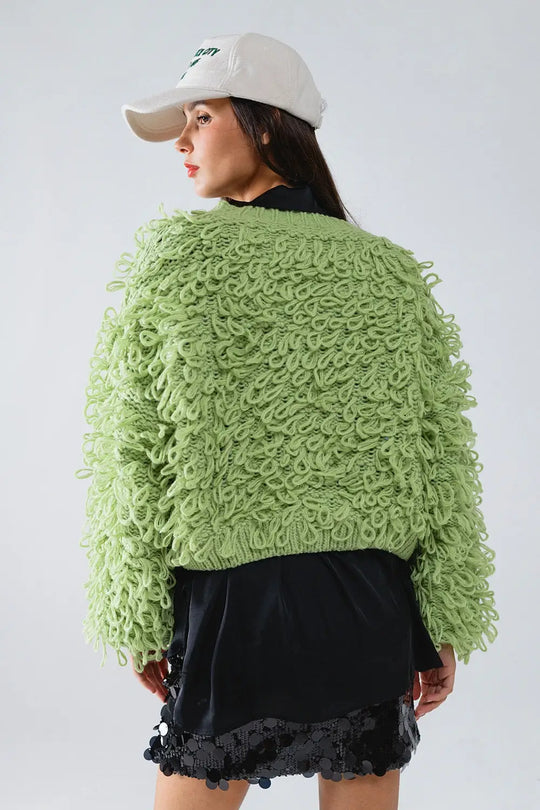 Chunky Textured Cardigan in Green with Long Fringe - One Size / Green - Coats and Jackets