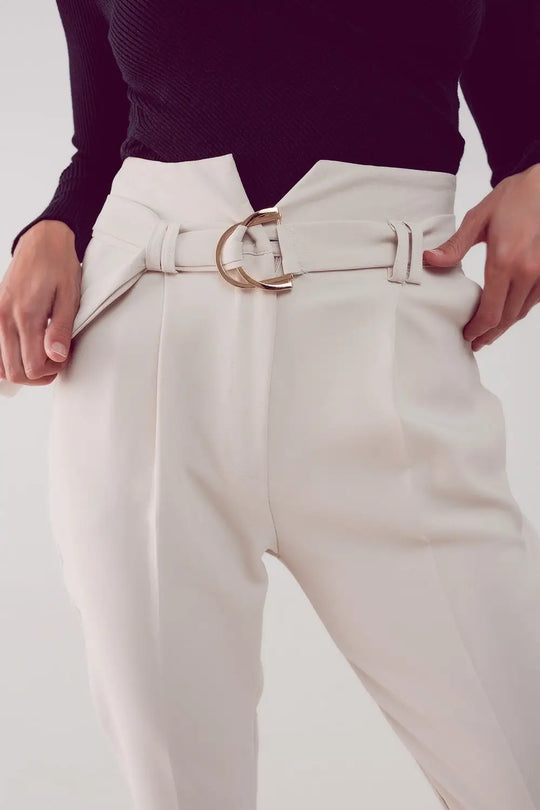 cigarette pants with paper-bag waist in cream - Pants