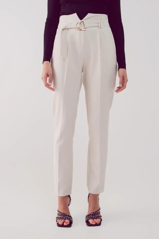 cigarette pants with paper-bag waist in cream - Pants
