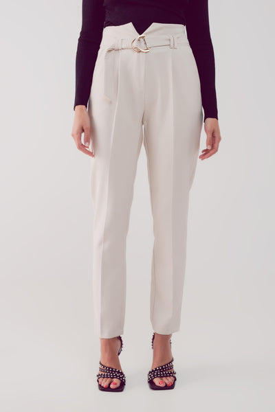cigarette pants with paper-bag waist in cream
