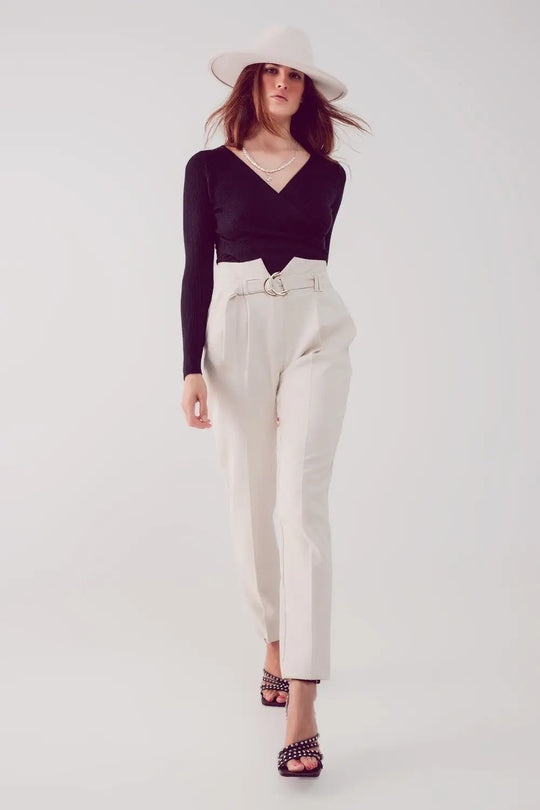 cigarette pants with paper-bag waist in cream - Pants