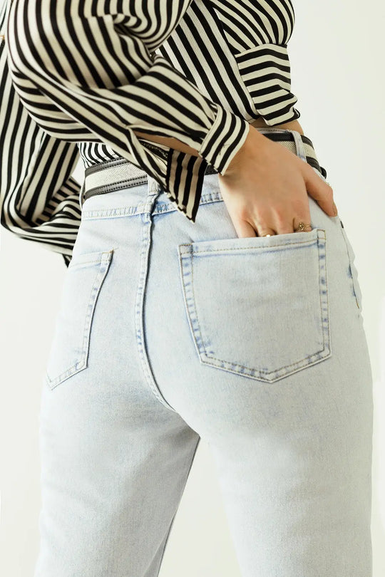 Cinq poches effet mom jeans wash avec ourlet plié - Pantalons