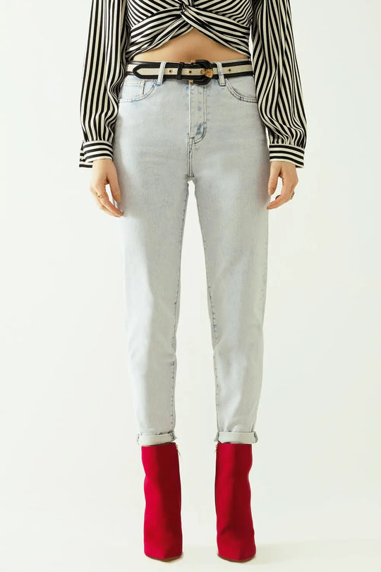 Q2 Cinq poches effet mom jeans wash avec ourlet plié