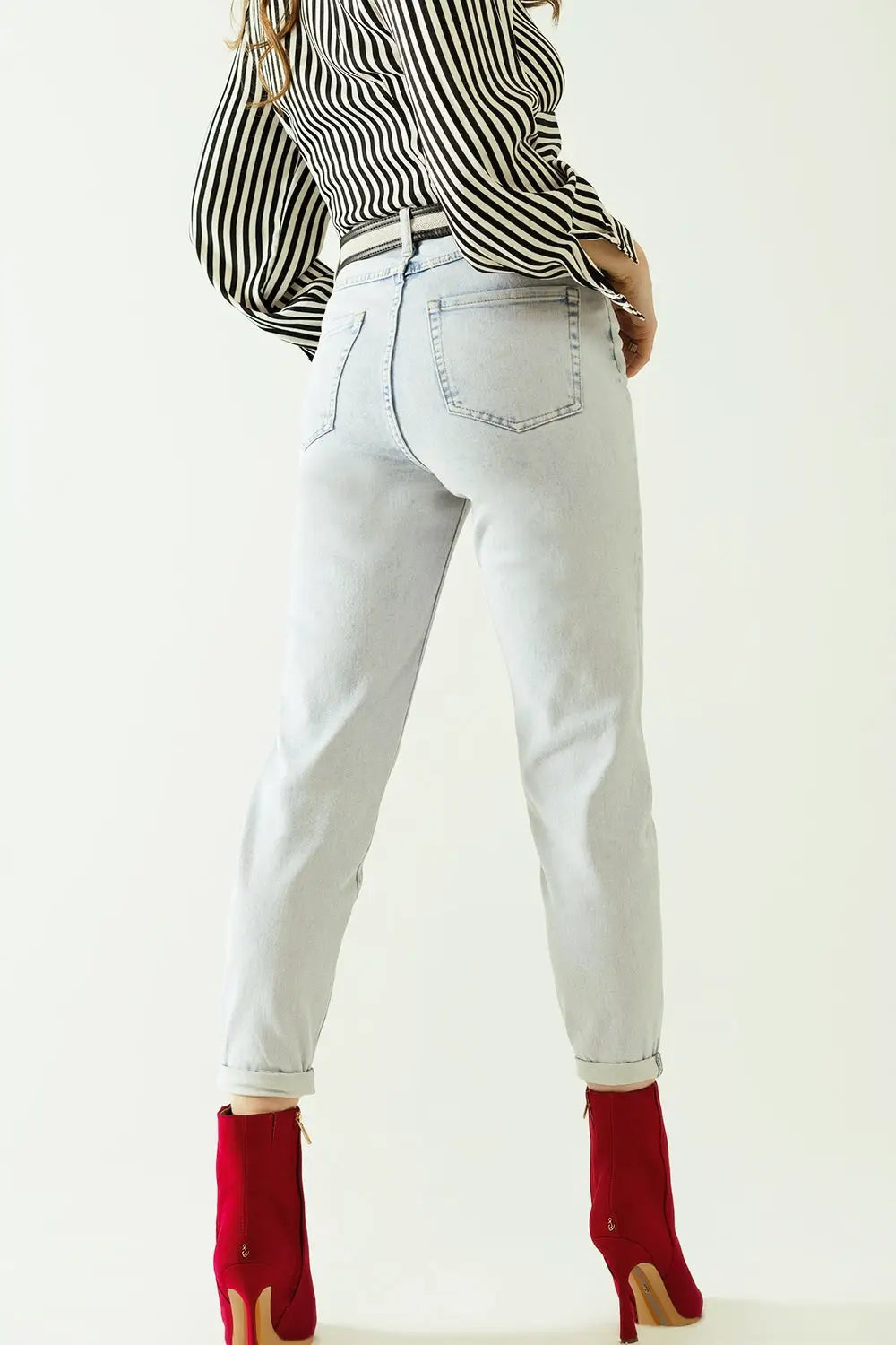 Cinq poches effet mom jeans wash avec ourlet plié - Pantalons