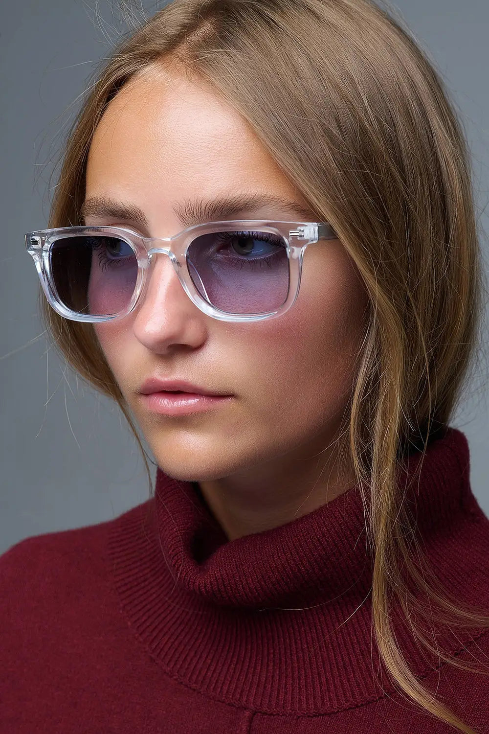 Clear Square Sunglasses with blue Gradient Lenses and metal side detail - One Size / Blue