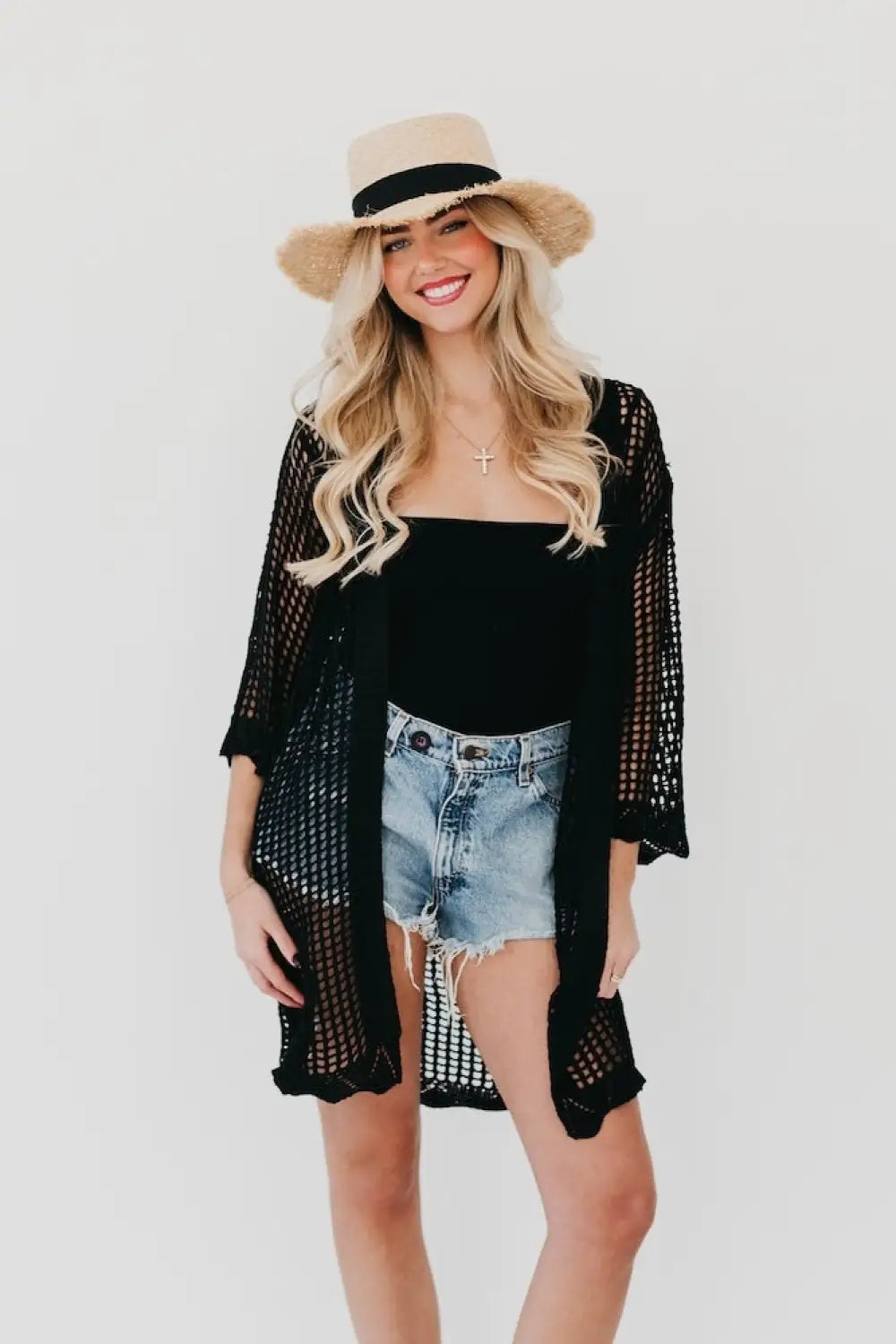 Coastal Views Crochet Tie Kimono - Black - Kimono