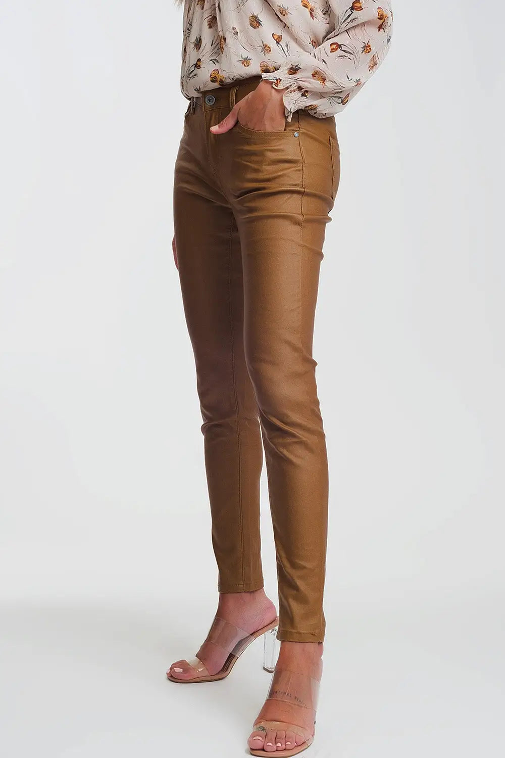 coated skinny pants in camel - Pants