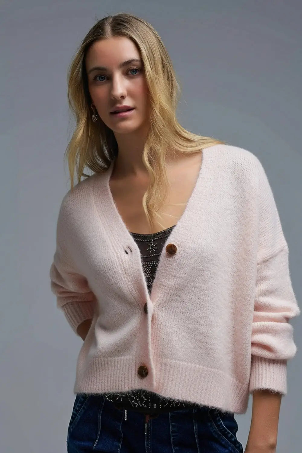 Q2 Col en V Cardigan basique rose bébé boutonné en maille duveteuse