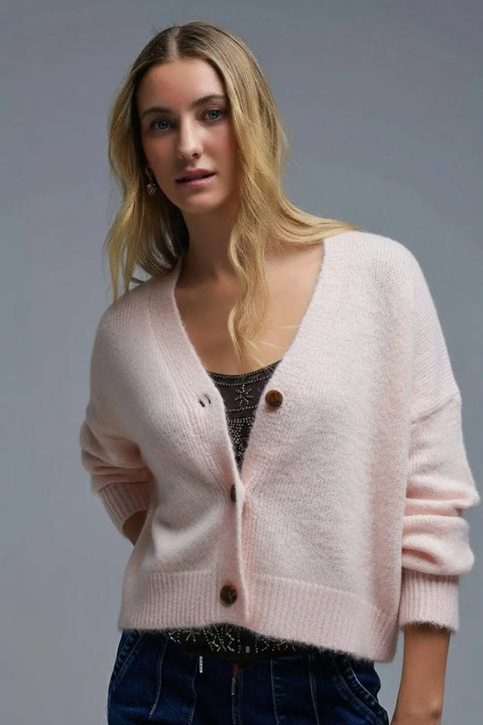 Q2 Col en V Cardigan basique rose bébé boutonné en maille duveteuse