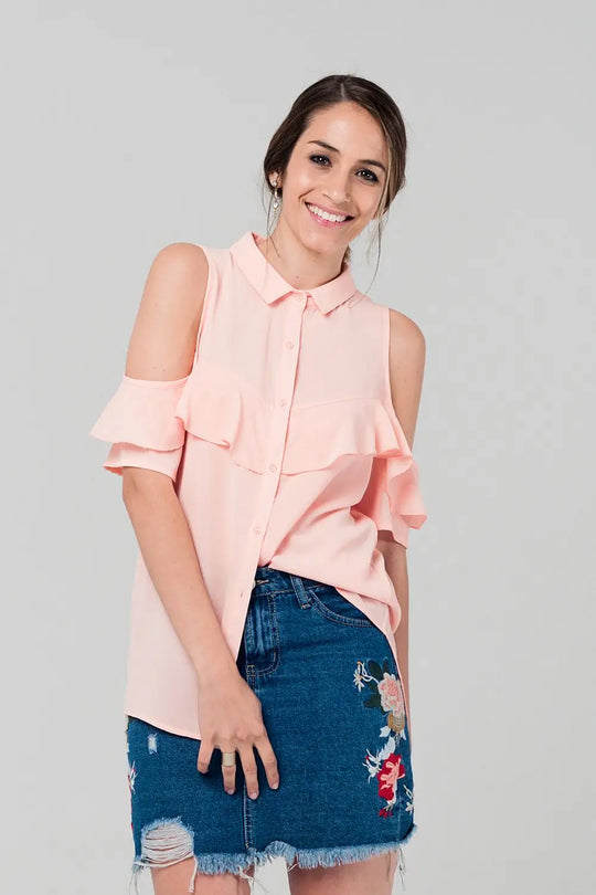 Cold shoulder ruffled shirt in pink - Shirts