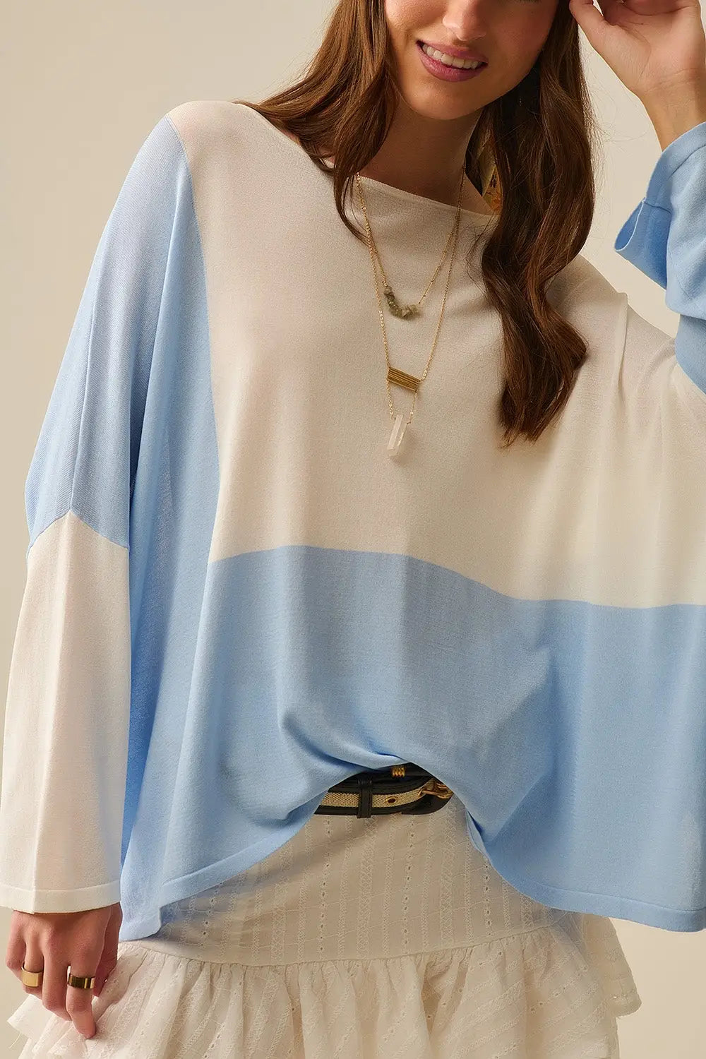 Color Block Bat Wing Sweater In White and blue - One Size / Blue - Sweaters
