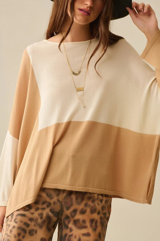 Color Block Bat Wing Sweater In White and camel - One Size / Brown - Sweaters