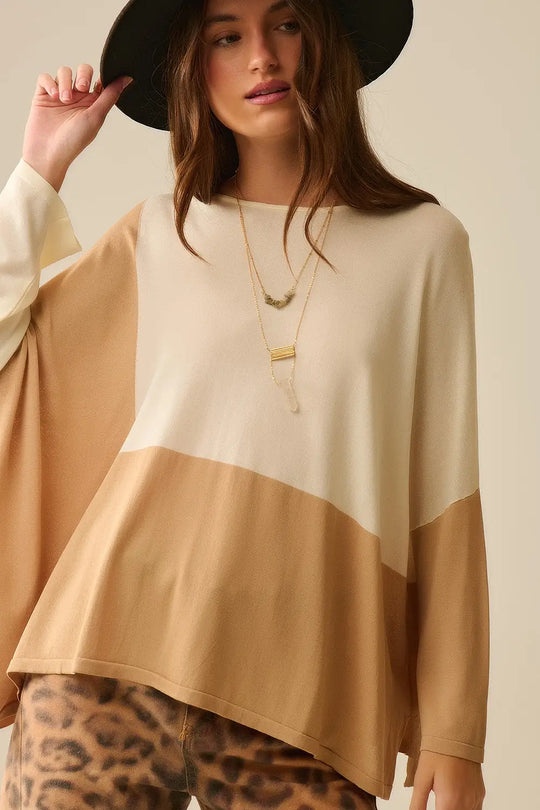 Color Block Bat Wing Sweater In White and camel - One Size / Brown - Sweaters
