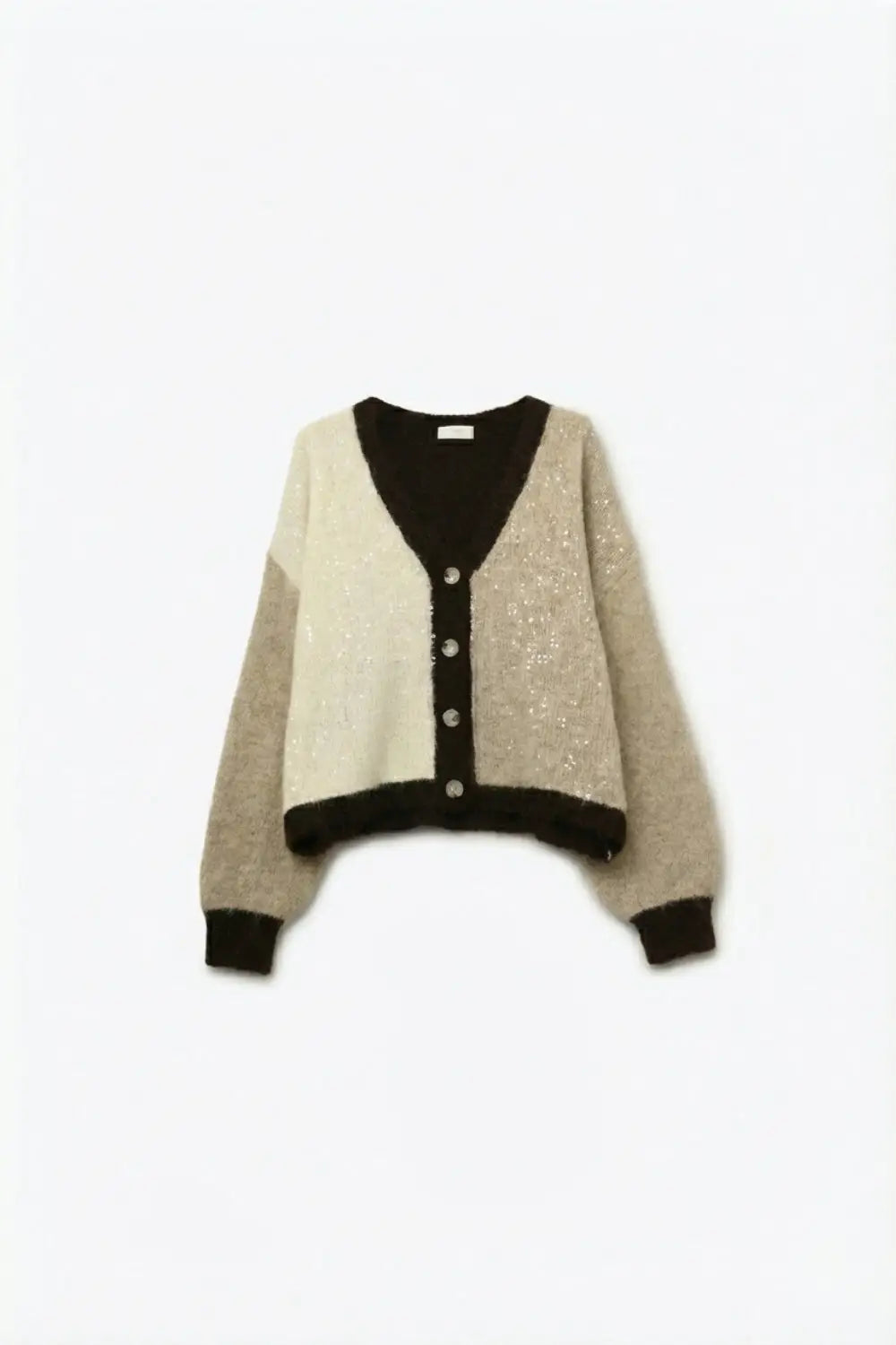 Q2 Color-block Sequin V-Neck Cardigan in beige and brown colors