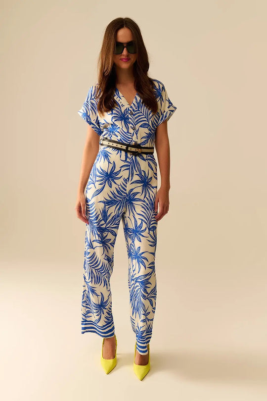 Combinaison à manches courtes motif tropical en bleu et blanc - Vestidos