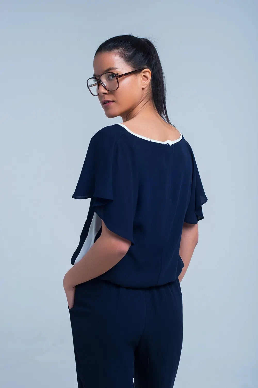 Combinaison bleu marine à manches courtes et volants - Vestidos