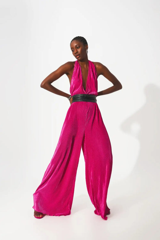 Q2 Combinaison longue dos-nu plissée en satin fuchsia