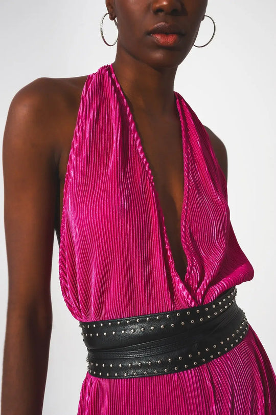 Combinaison longue dos-nu plissée en satin fuchsia - Vestidos