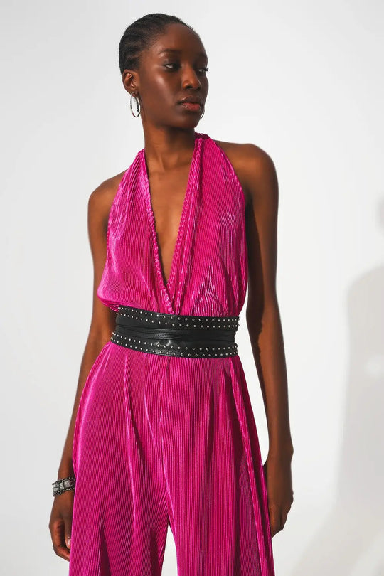 Combinaison longue dos-nu plissée en satin fuchsia - Vestidos