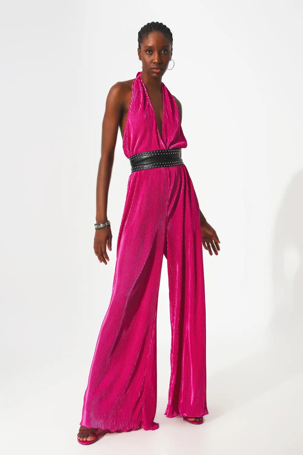 Combinaison longue dos-nu plissée en satin fuchsia - Vestidos