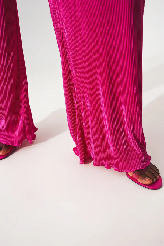 Combinaison longue dos-nu plissée en satin fuchsia - Vestidos