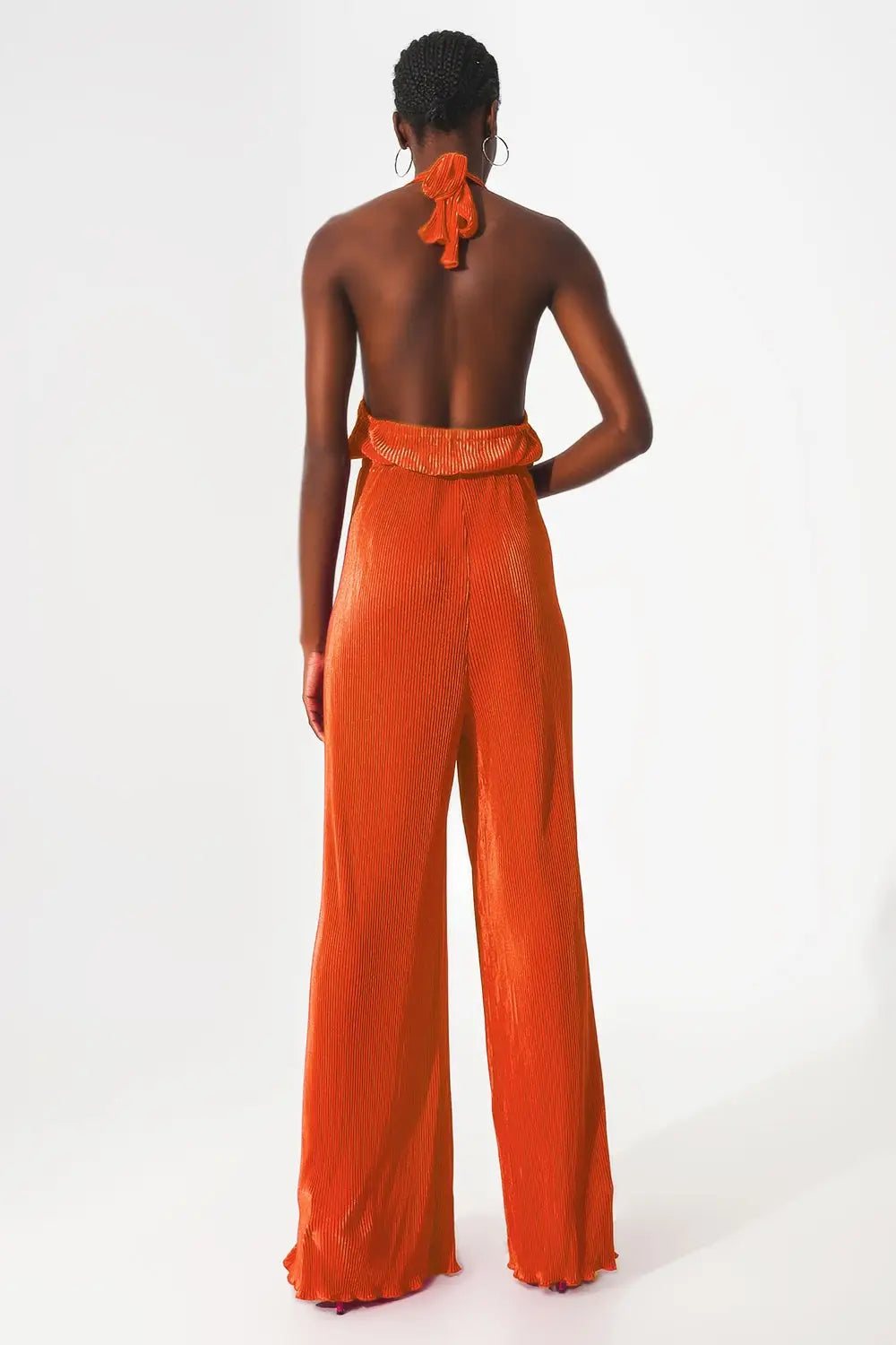 Combinaison longue dos-nu plissée en satin orange - Vestidos