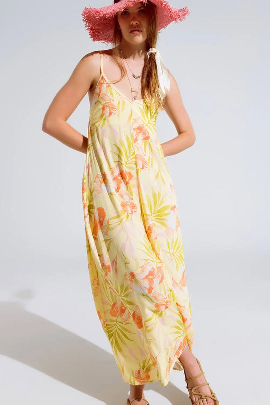 Q2 combinaison maxi jaune à imprimé tropical