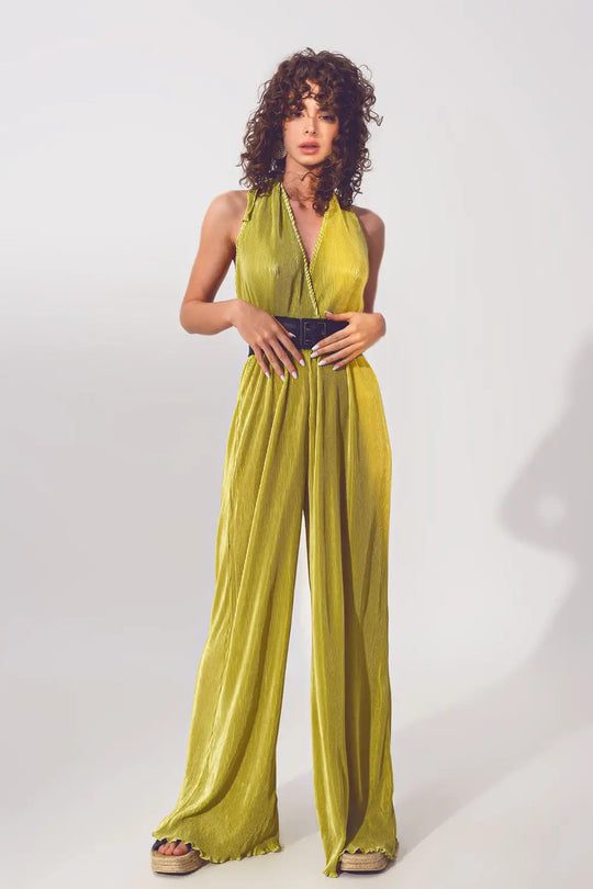 Combinaison maxi plissée à col licou en satin en vert - Vestidos