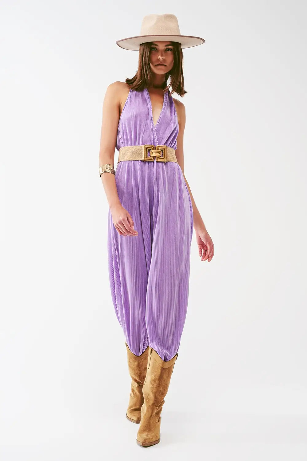 Q2 Combinaison maxi plissée en satin à encolure halter en lila