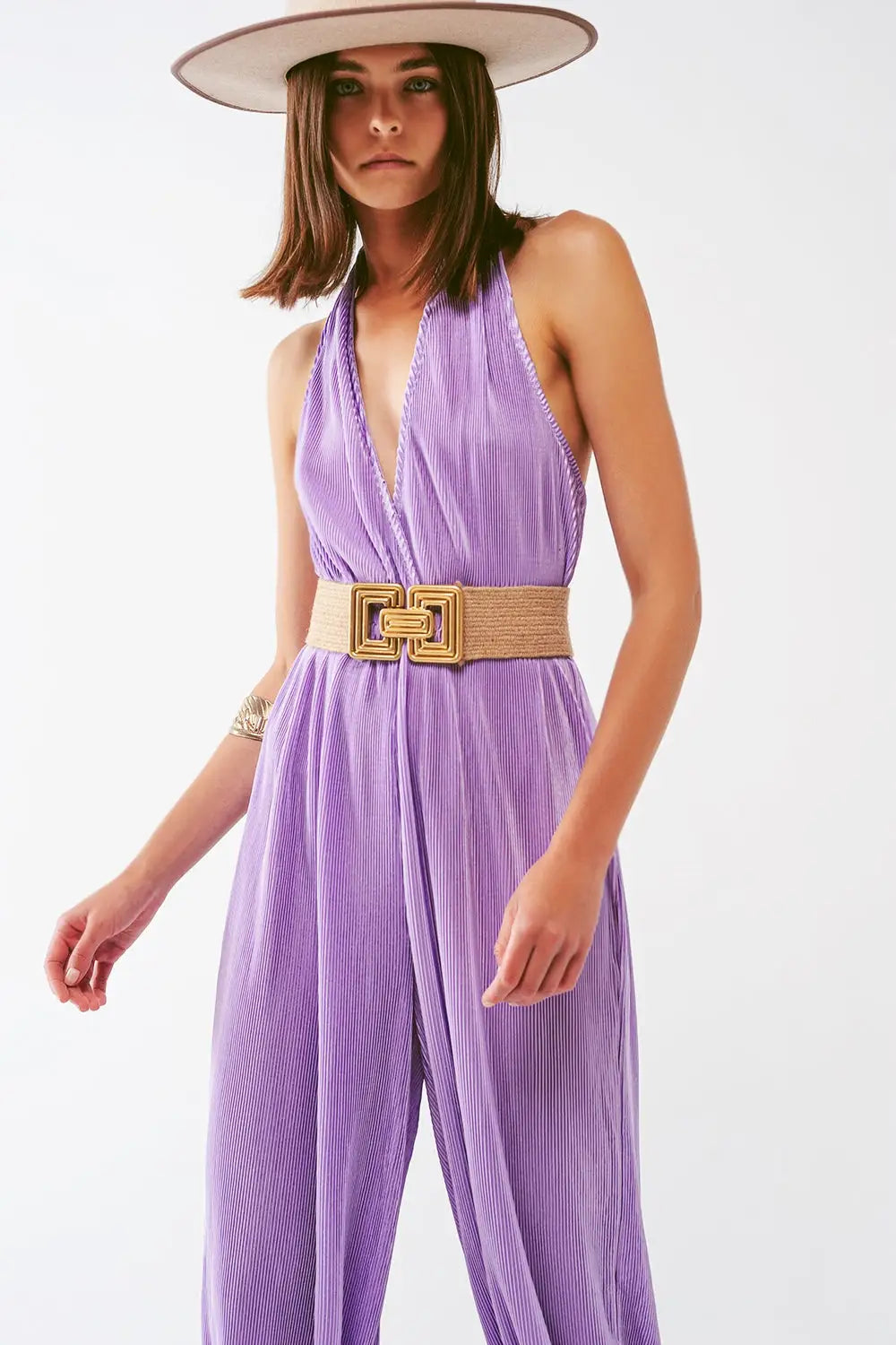 Combinaison maxi plissée en satin à encolure halter en lila - Vestidos