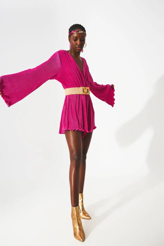 Combinaison plissée en satin fuchsia avec détail portefeuille - Vestidos
