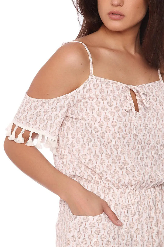Combishort á imprimée blanc avec épaules dénudées - Pantalons