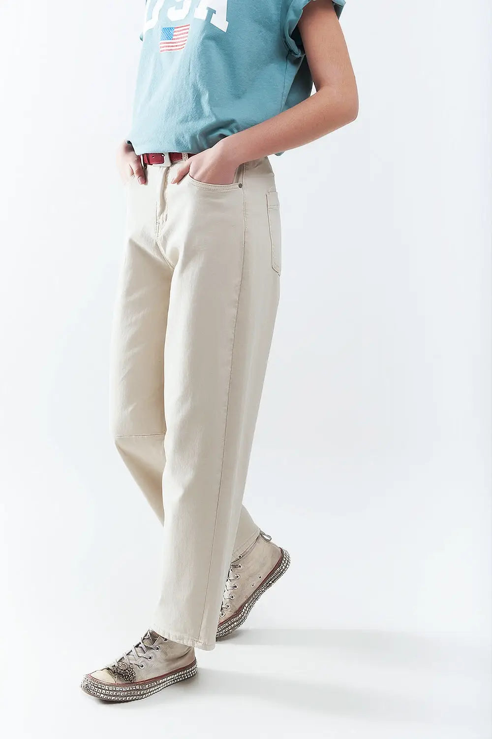 comfortable stretch jeans with barrel leg in beige - Jeans