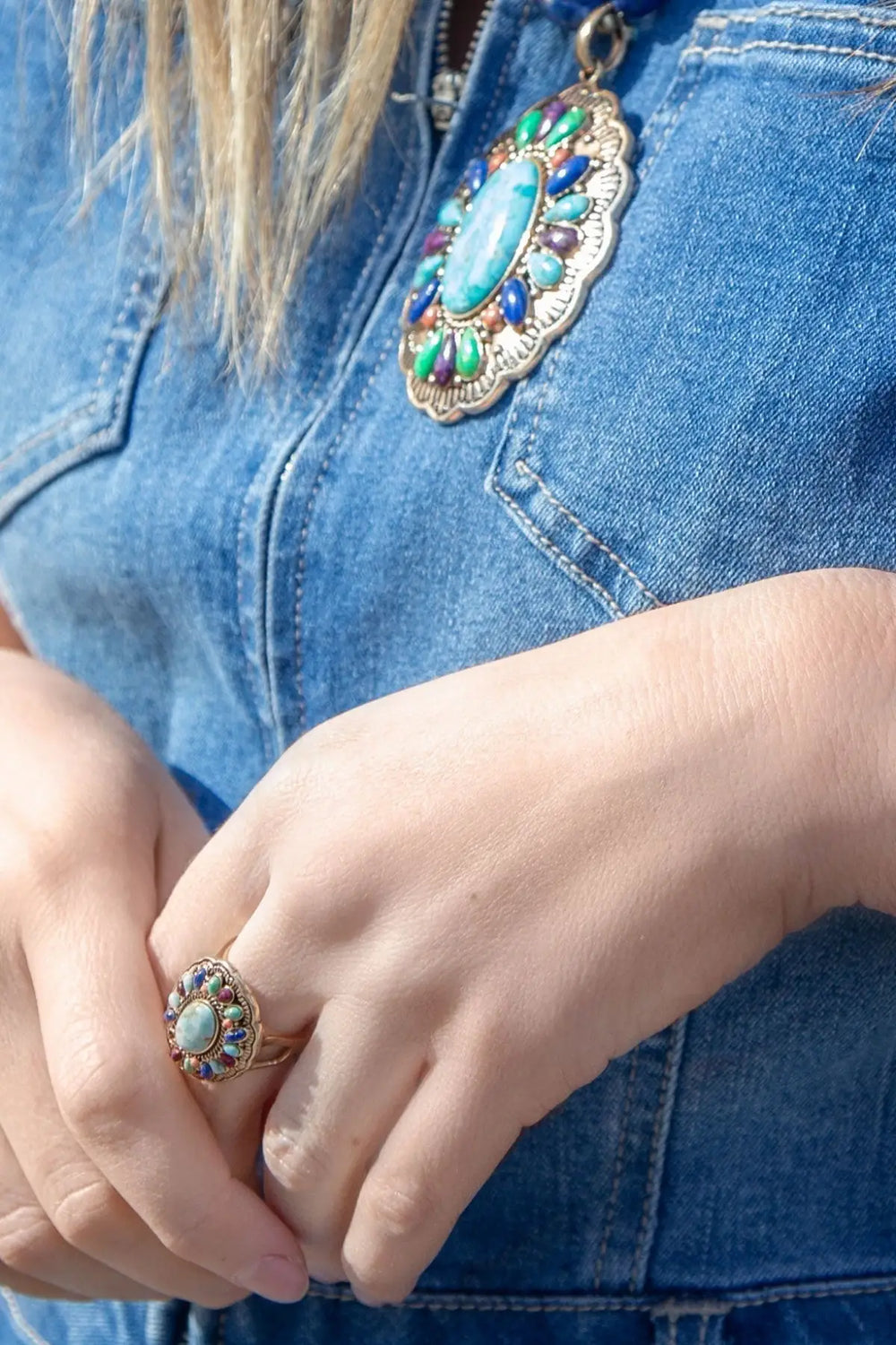 Concho Colorful Golden Statement Ring - Rings