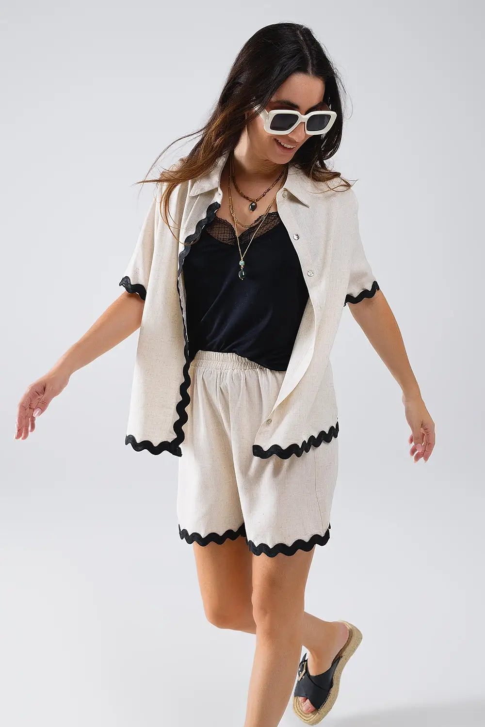 Contrast Scallop Trim Linen Shirt in Beige - Shirts