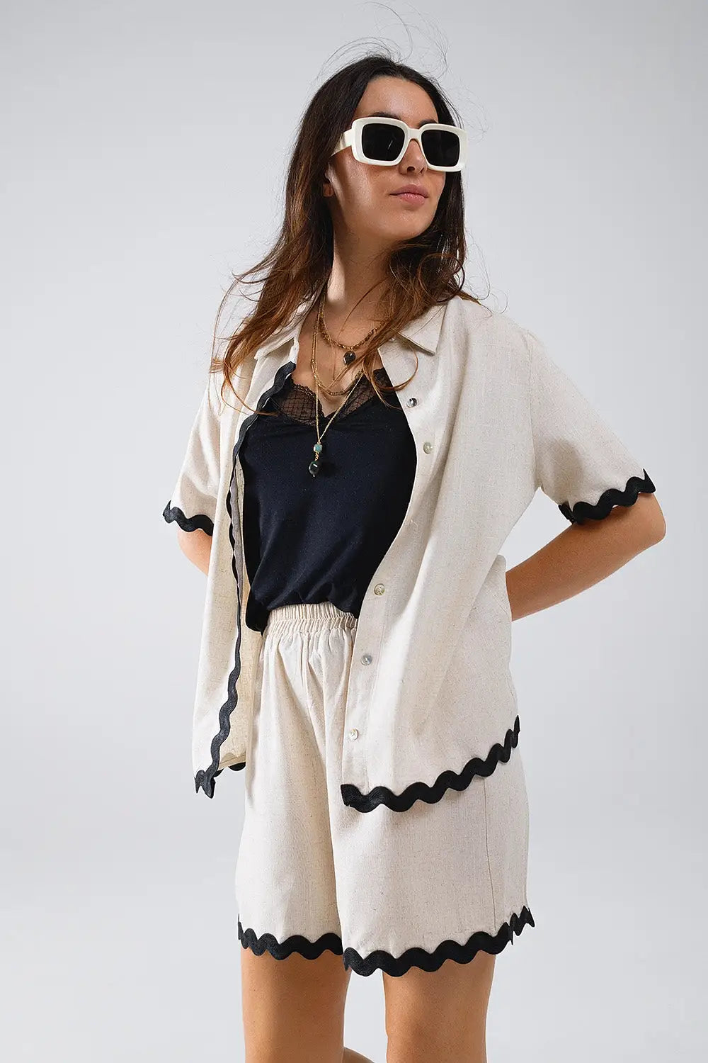 Contrast Scallop Trim Linen Shirt in Beige - Shirts
