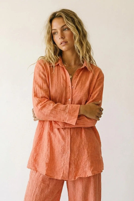 Q2 Coral Button-Down Shirt Tunic with sheer Crinkled fabric