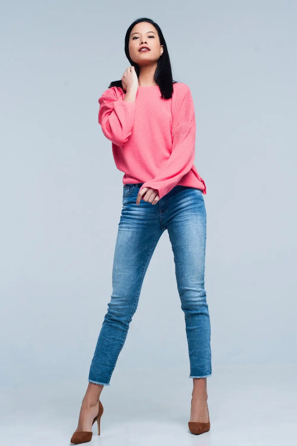 Coral Fine Knitted Sweater with Glitter Details - Sweaters