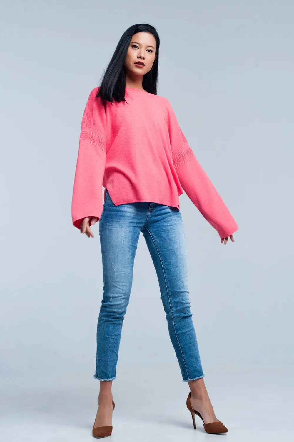 Coral Fine Knitted Sweater with Glitter Details - Sweaters