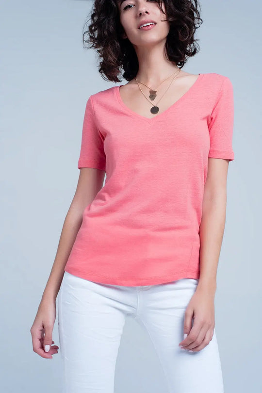 Coral t-shirt with v-neck - Tops