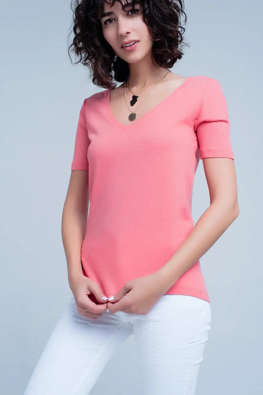 Coral t-shirt with v-neck - Tops