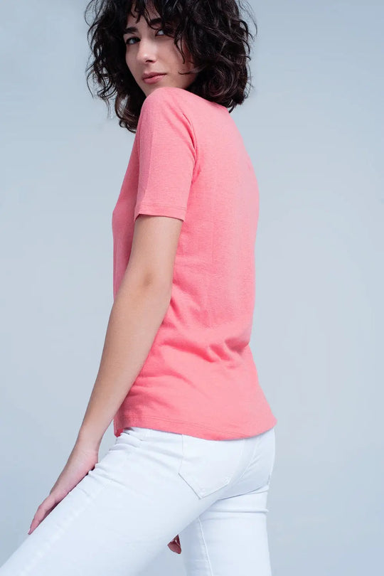 Coral t-shirt with v-neck - Tops