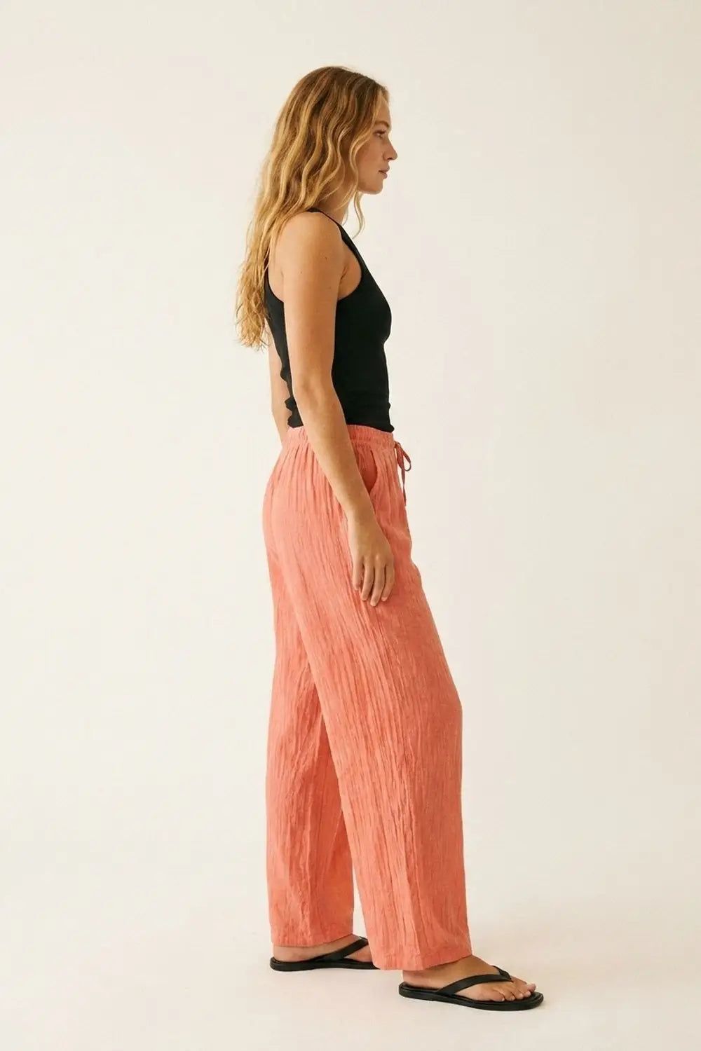 Coral Wide Leg Pants with sheer Crinkled fabric - Pants