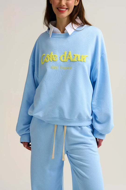 Côte d’Azur Embroidered Pastel Blue Sweatshirt - One Size / Blue - Sweaters