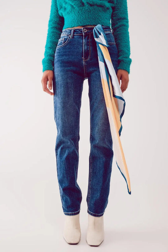 Cotton blend high waist straight leg jeans in deep blue - Jeans