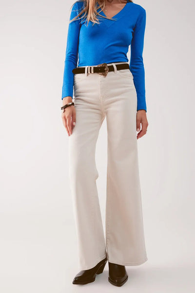 Cotton blend wide leg jeans in beige - Jeans