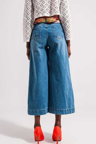 Cotton high waist cropped jeans in mid wash 90s blue