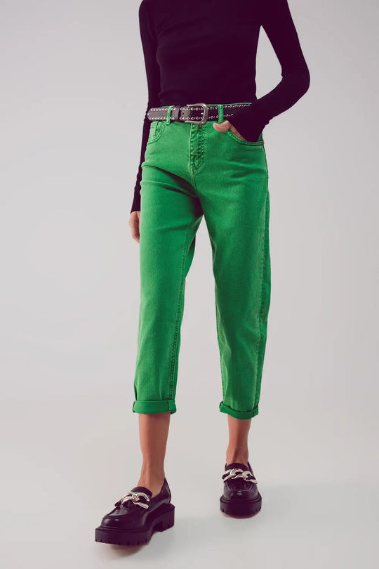 Cotton mid rise slouchy jean in green - Jeans