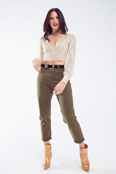 Cotton mid rise slouchy jean in khaki sepia